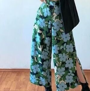 Adrianna Papell Wide Leg Pants High Rise Women Size L Green Blue Floral